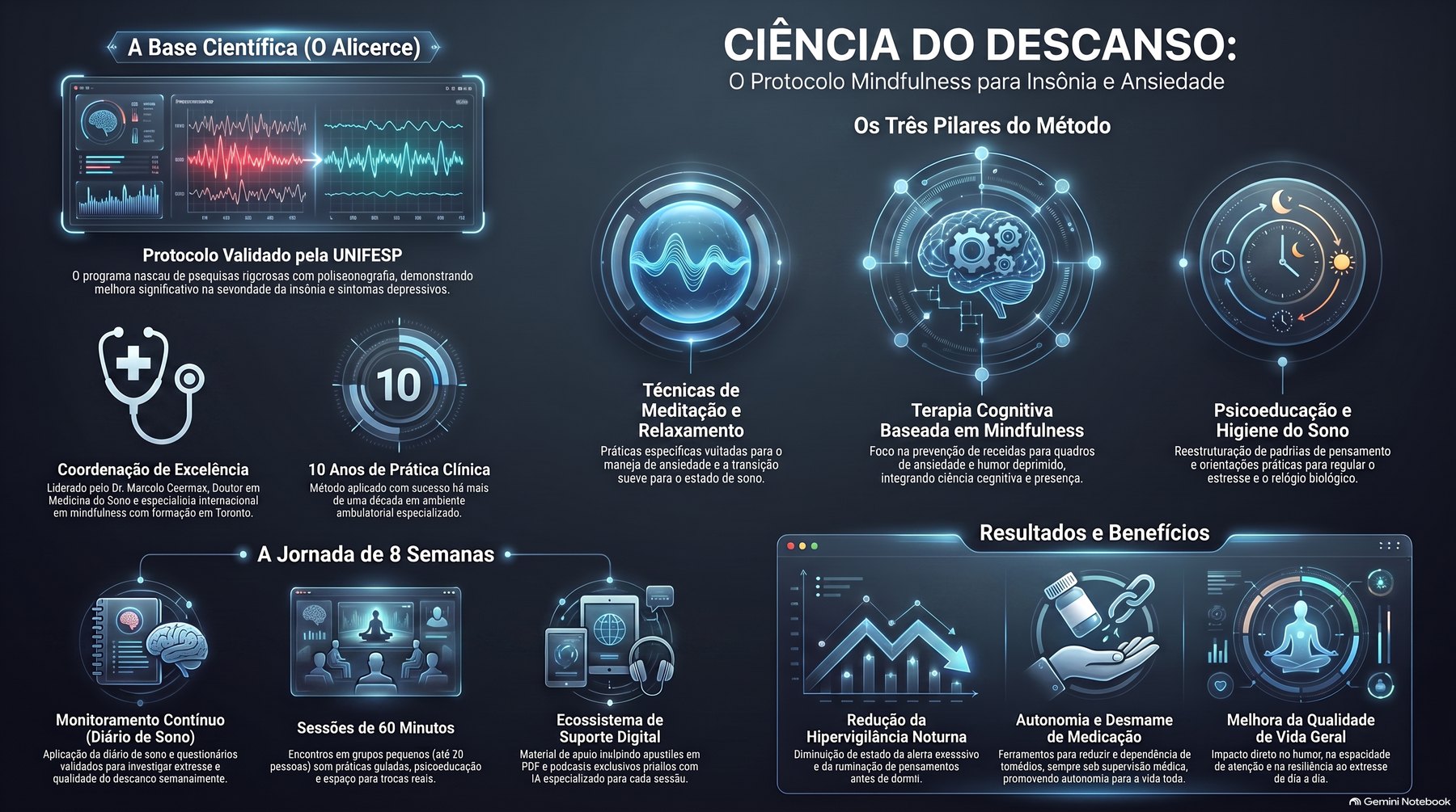 Infográfico: a base científica do protocolo, os três pilares do método, a jornada de 8 semanas e os resultados esperados.